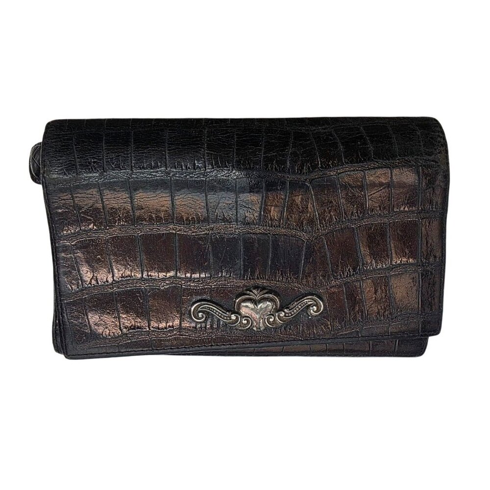 Brighton Black‎ Croc Embossed Leather Wallet With Silver Accent